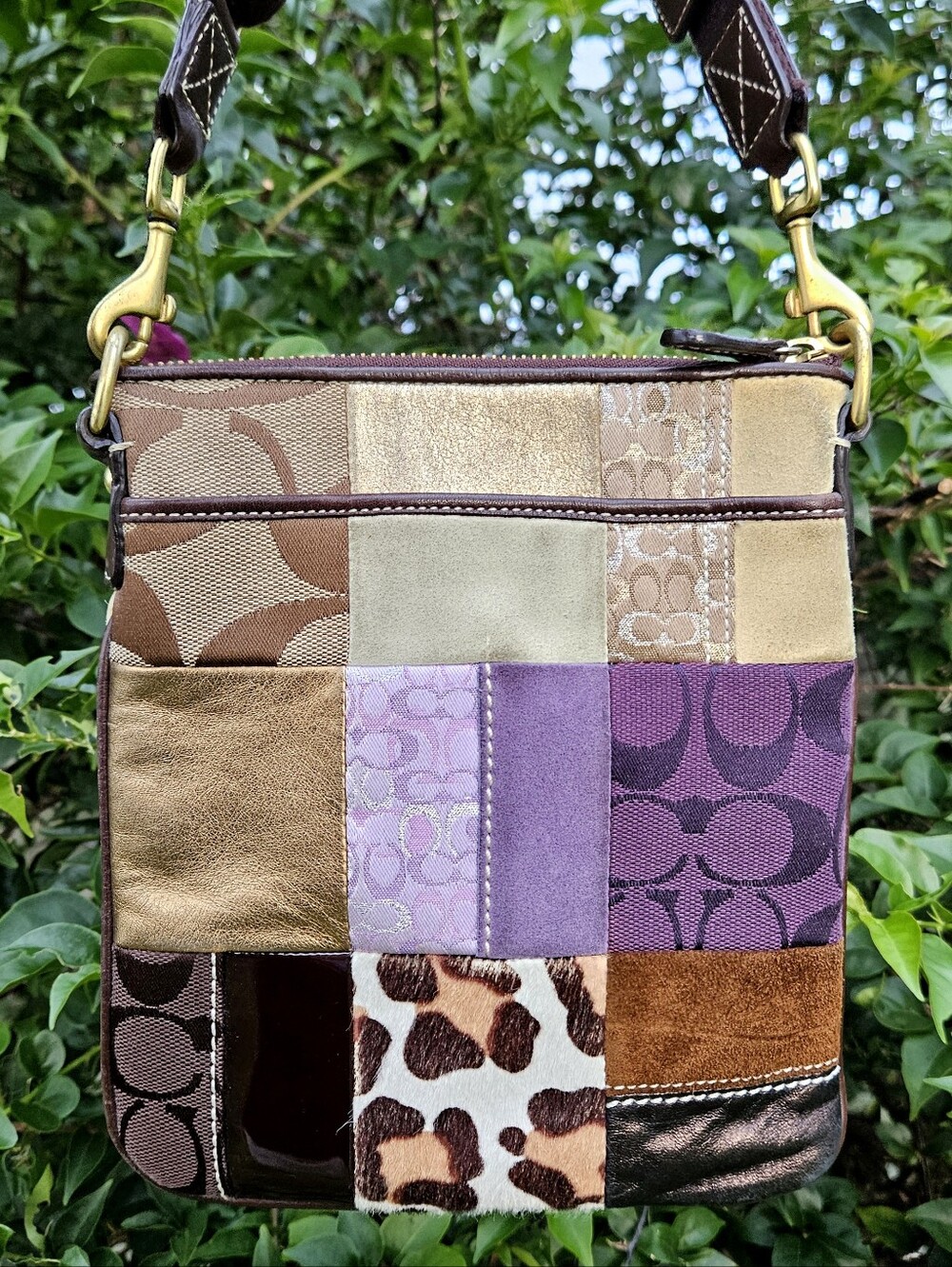 Coach F10514 Patchwork Swingpack Crossbody Purple Leopard Y2K